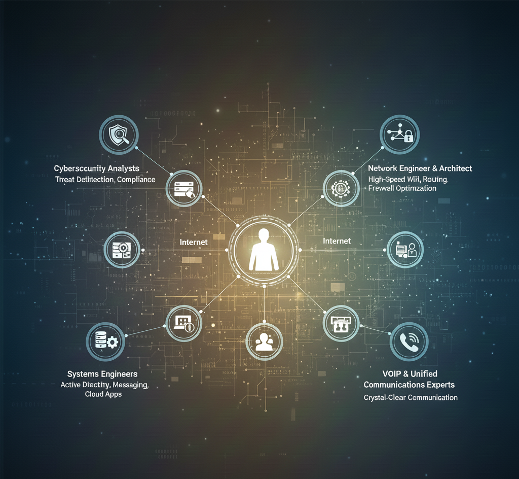 Layer 8 IT Consulting infographic showing the integration of cybersecurity and network engineering centered around human business requirements. Visualizing the connection between secure VPNs, firewall provisioning, and strategic vCTO oversight.