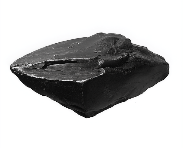 A black obsidian stone with a smooth, shiny surface and sharp edges.