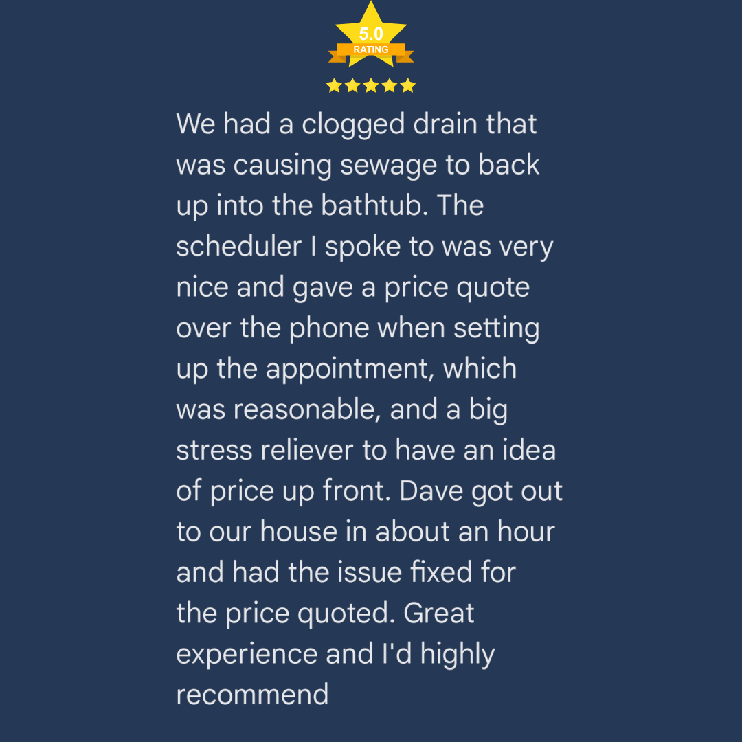 Customer review with a 5-star rating, describing a plumbing service experience with fixing a clogged drain causing sewage backup, praise for the scheduler, price quote over the phone, and quick resolution after about an hour.