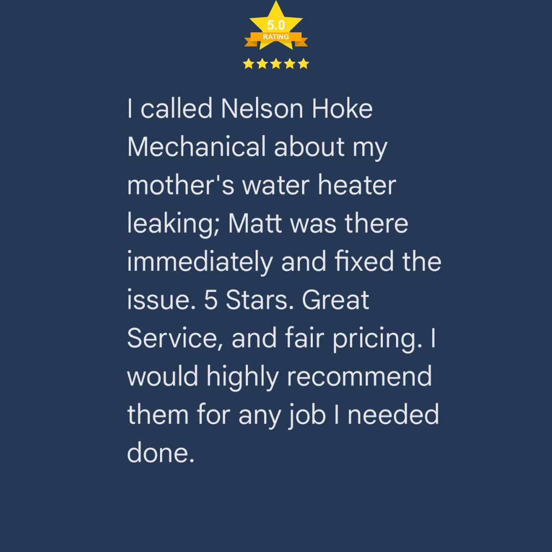 Customer review praising Nelson Hoke Mechanical for fixing a water heater leak, recommending their great service and fair pricing.