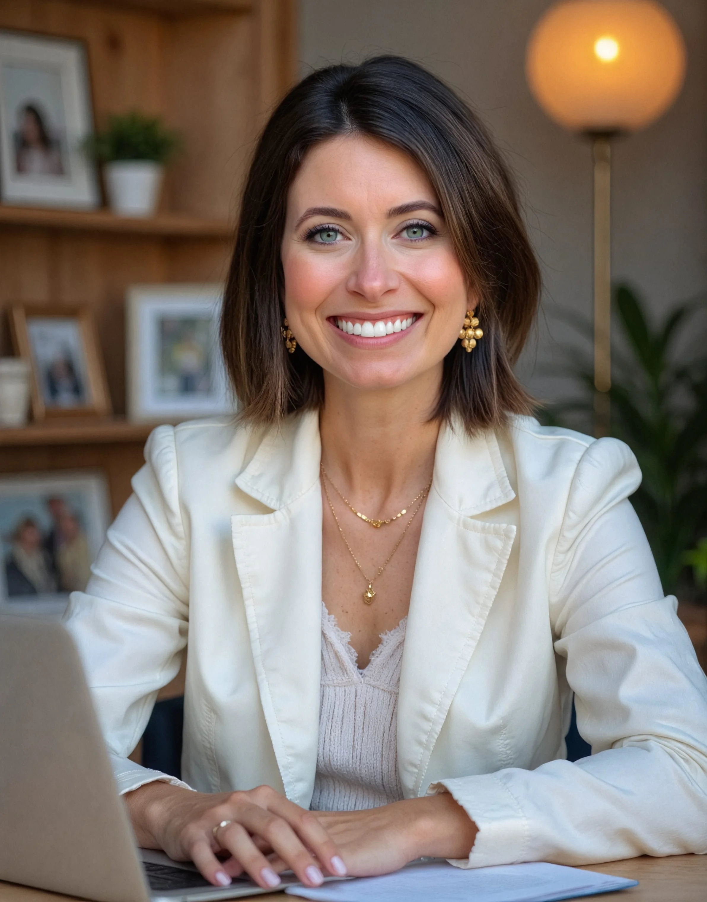 A smiling woman with shoulder-length brown hair, wearing a cream blazer, gold jewelry, and a light pink top, sitting at a desk with a laptop in a cozy room.