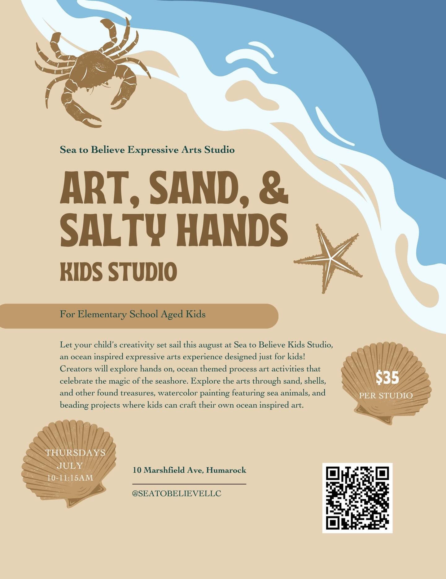 🎨 Art, Sand &amp; Salty Hands : Kids Process Art Studio

You&rsquo;re warmly invited to a playful summer studio experience where creativity, imagination, and the magic of the ocean come together. Designed especially for elementary-aged children, thi