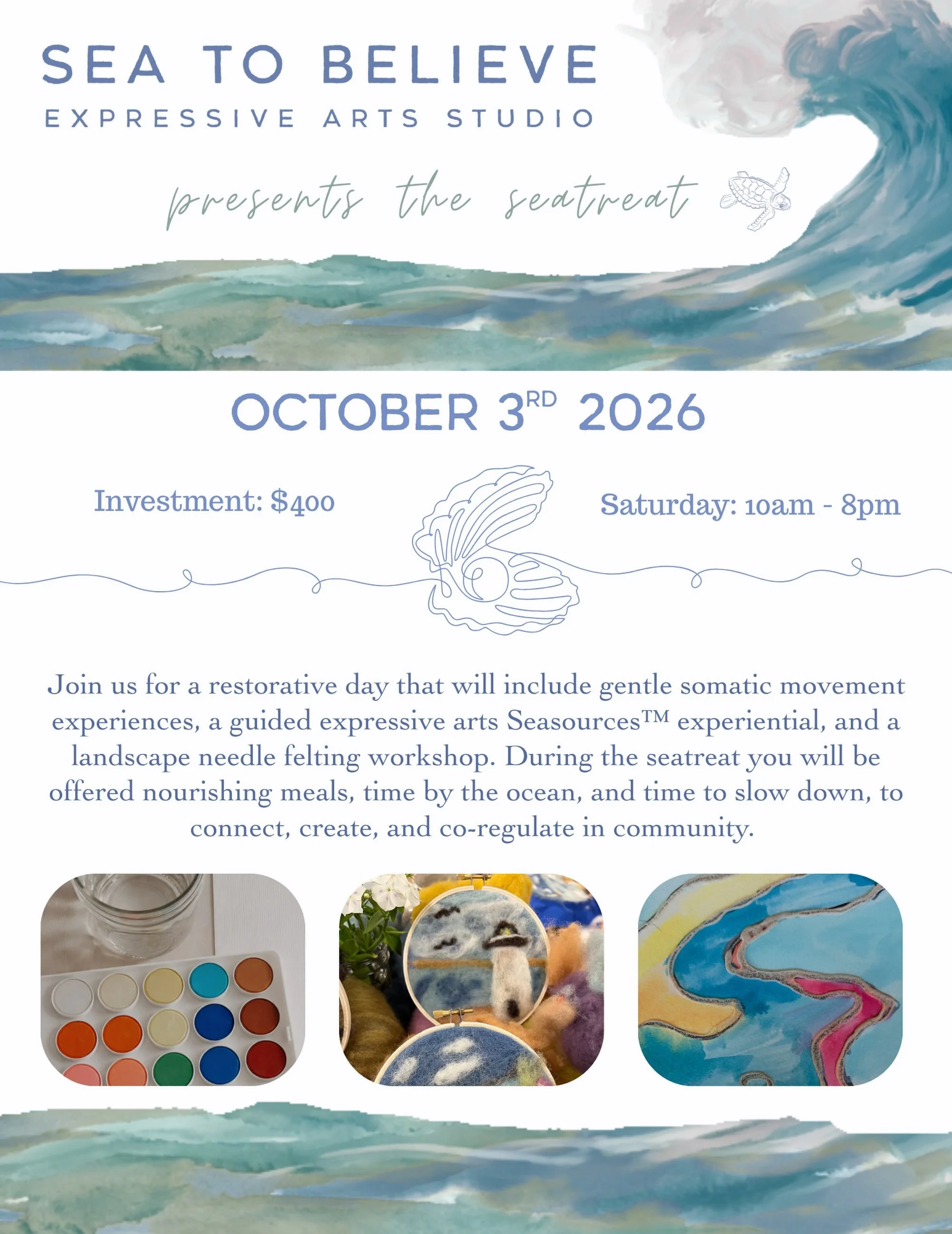 a fall Seatreat at Sea to Believe 

Date: Saturday, October 3rd 2026 
Time: 10am-8pm
Location: Sea to Believe Expressive Arts Studio, Humarock, MA
Investment:$400

Hosts:

Stacia Boynton : Sea to Believe

Isabel Durgin : The Felted Acorns

Suzanne Bo