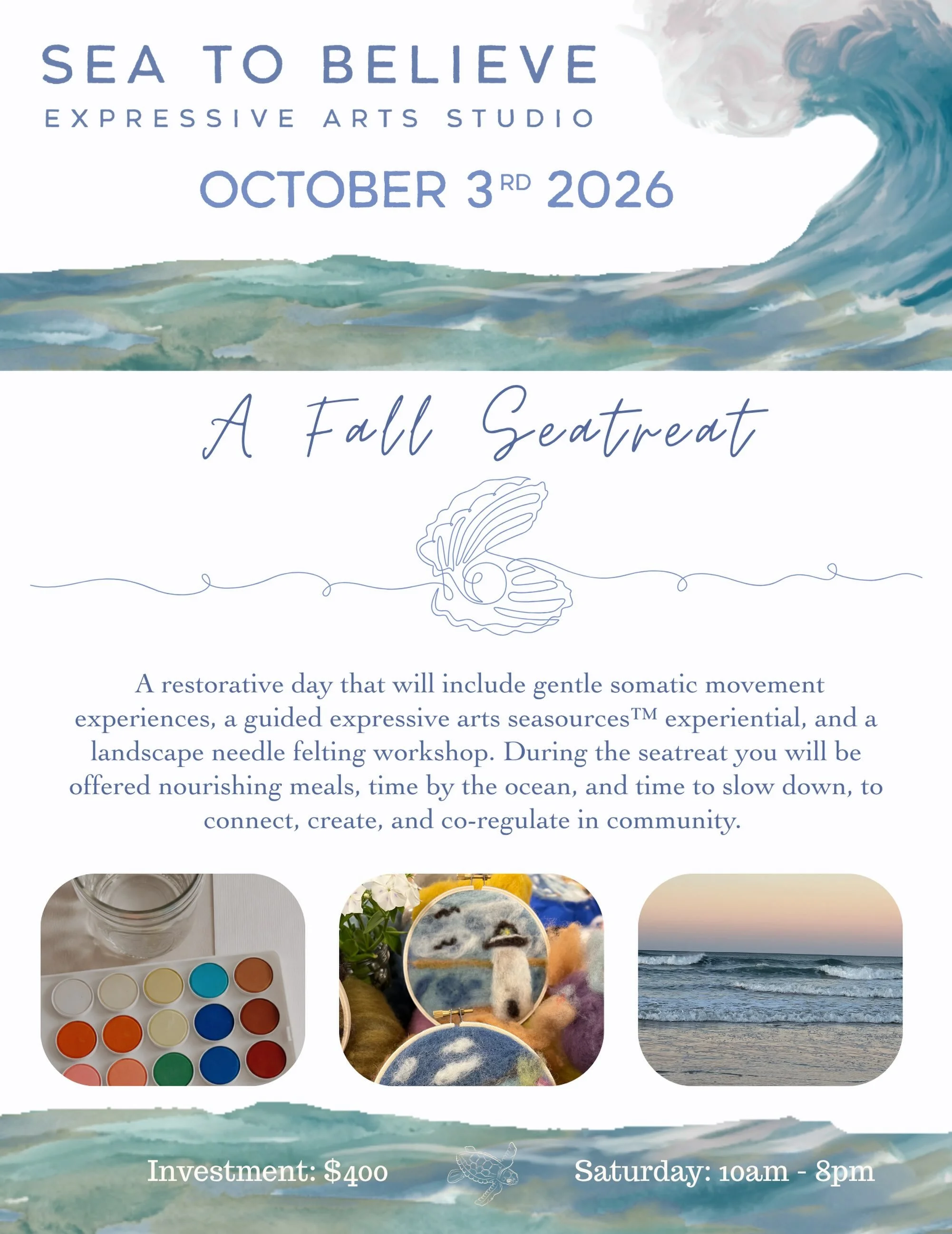 a fall Seatreat at Sea to Believe 

Date: Saturday, October 3rd 2026 
Time: 10am-8pm
Location: Sea to Believe Expressive Arts Studio, Humarock, MA
Investment:$400

Join us for a restorative day that will include gentle somatic movement experiences, a