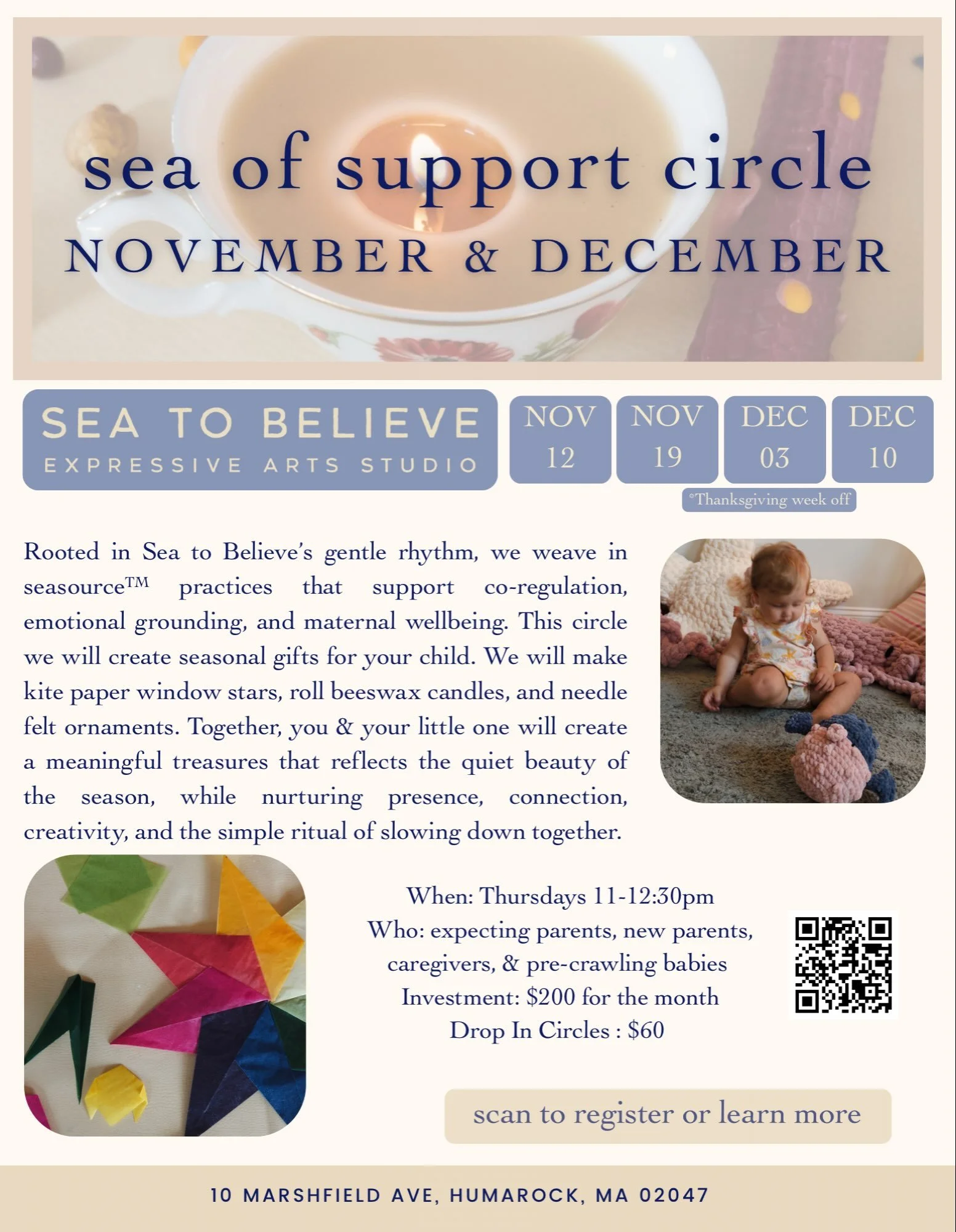 Rooted in Sea to Believe&rsquo;s gentle rhythm, we weave in seasource&trade; practices that support co-regulation, emotional grounding, and maternal wellbeing. This circle we will create seasonal gifts for your child. We will make kite paper window s