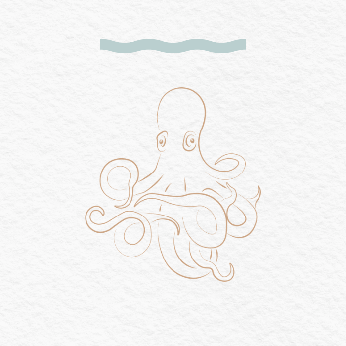 Line drawing of an octopus with a blue water ripple above it.