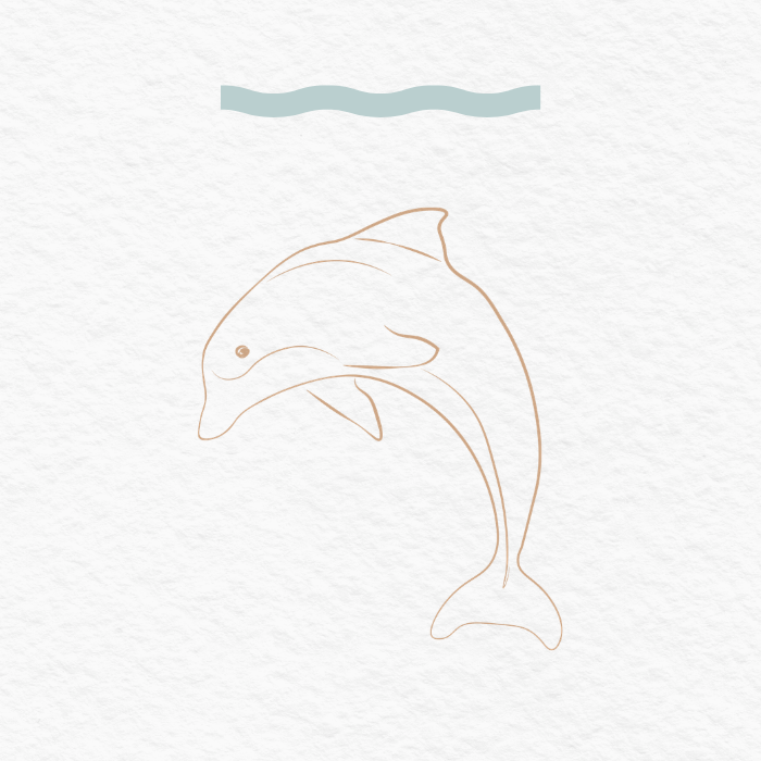 Simple line drawing of a dolphin jumping out of water.