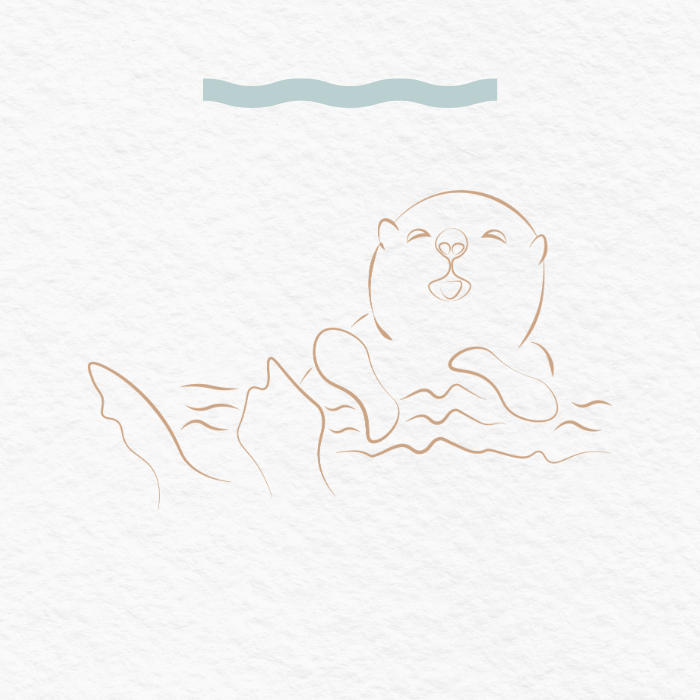 Line drawing of a beaver swimming in water with rocks and a log above.