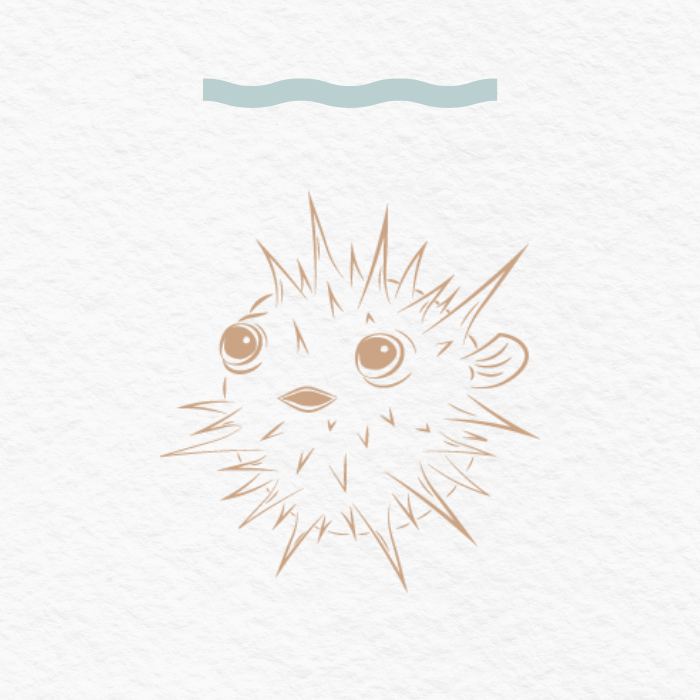 Cute, spiky pufferfish illustration with large eyes and small mouth, on a white textured background