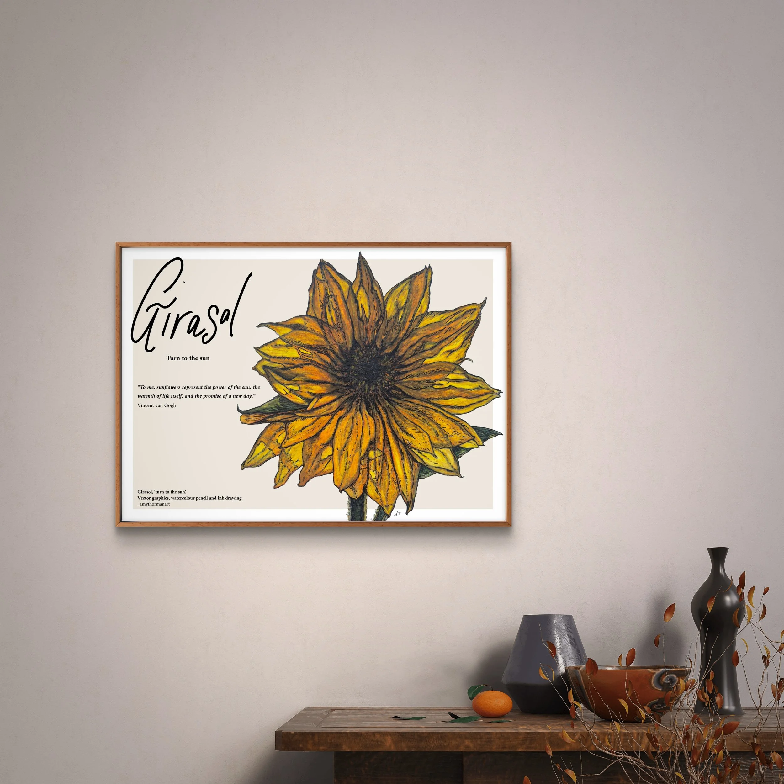 Girasol print in a frame hanging on the wall
