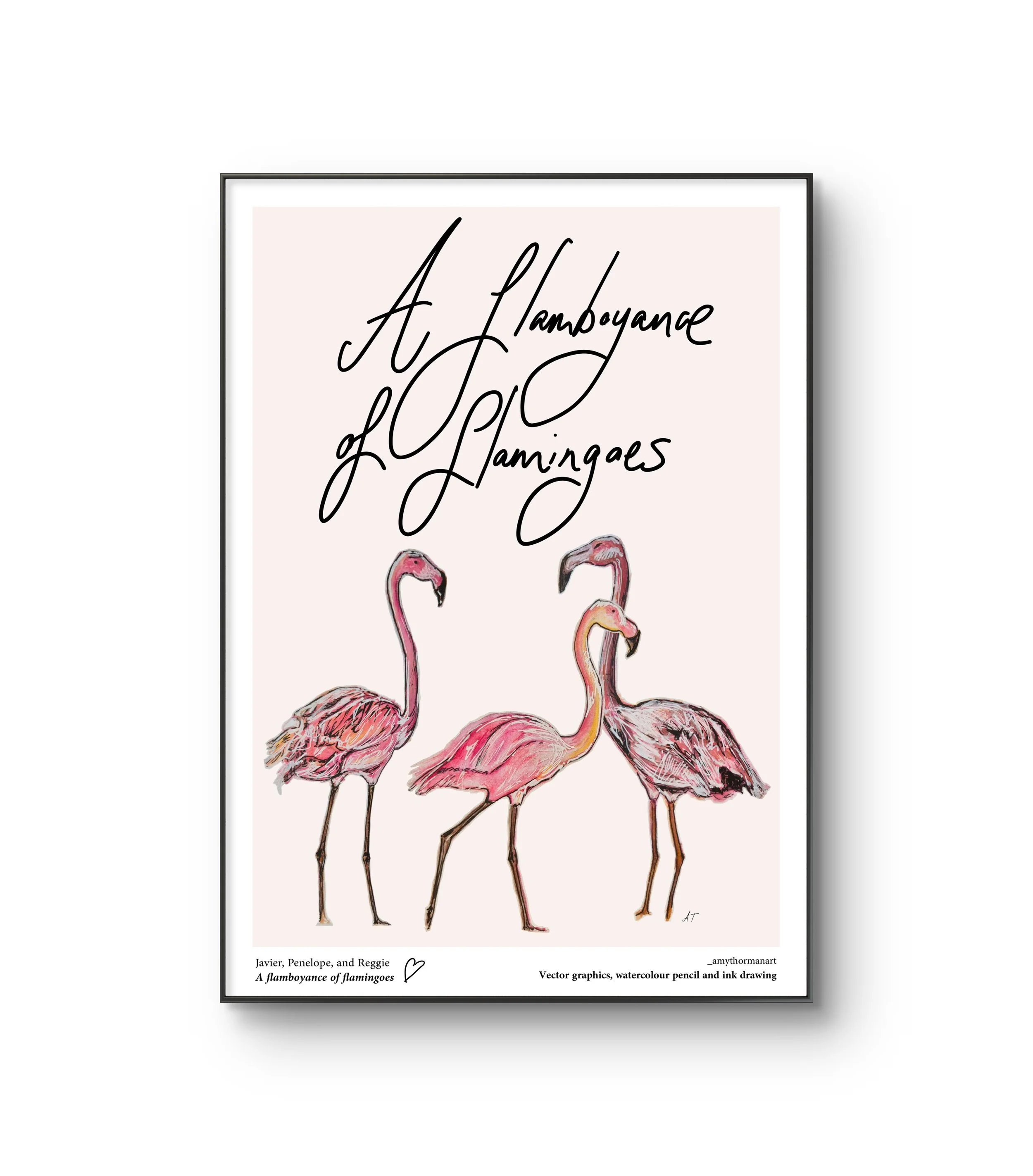 Three flamingoes on a pink background