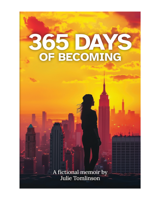 Book cover titled '365 Days of Becoming' featuring silhouette of a woman standing on a rooftop overlooking a New York City skyline at sunset with orange and yellow clouds.