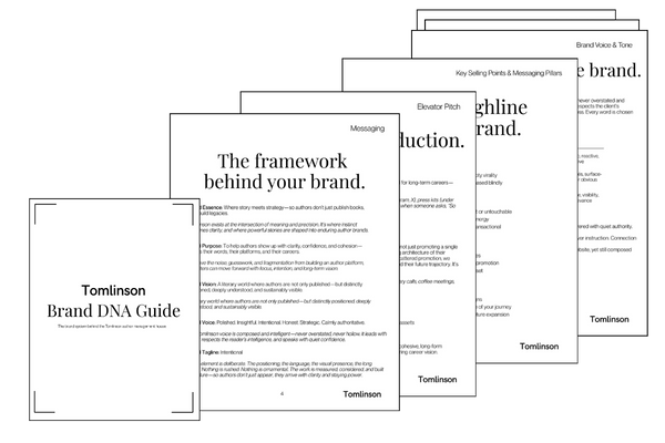 A graphic image of Tomlinson's signature cornerstone strategy document: Brand Messaging DNA Guide.