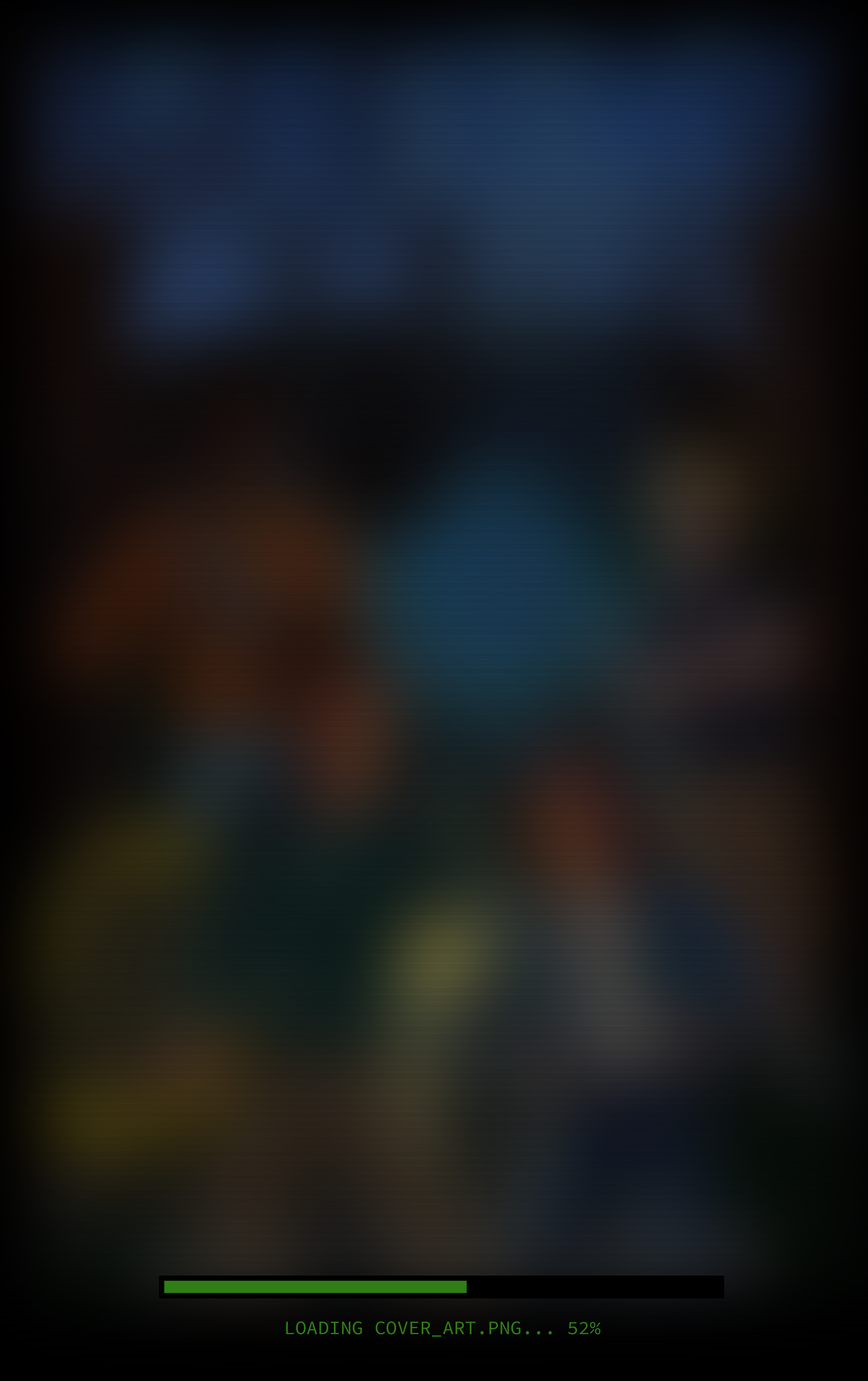 Loading screen with progress bar at 52%, text displaying 'LOADING COVER_ART.PNG... 52%', background with horizontal lines in shades of blue, black, and brown.