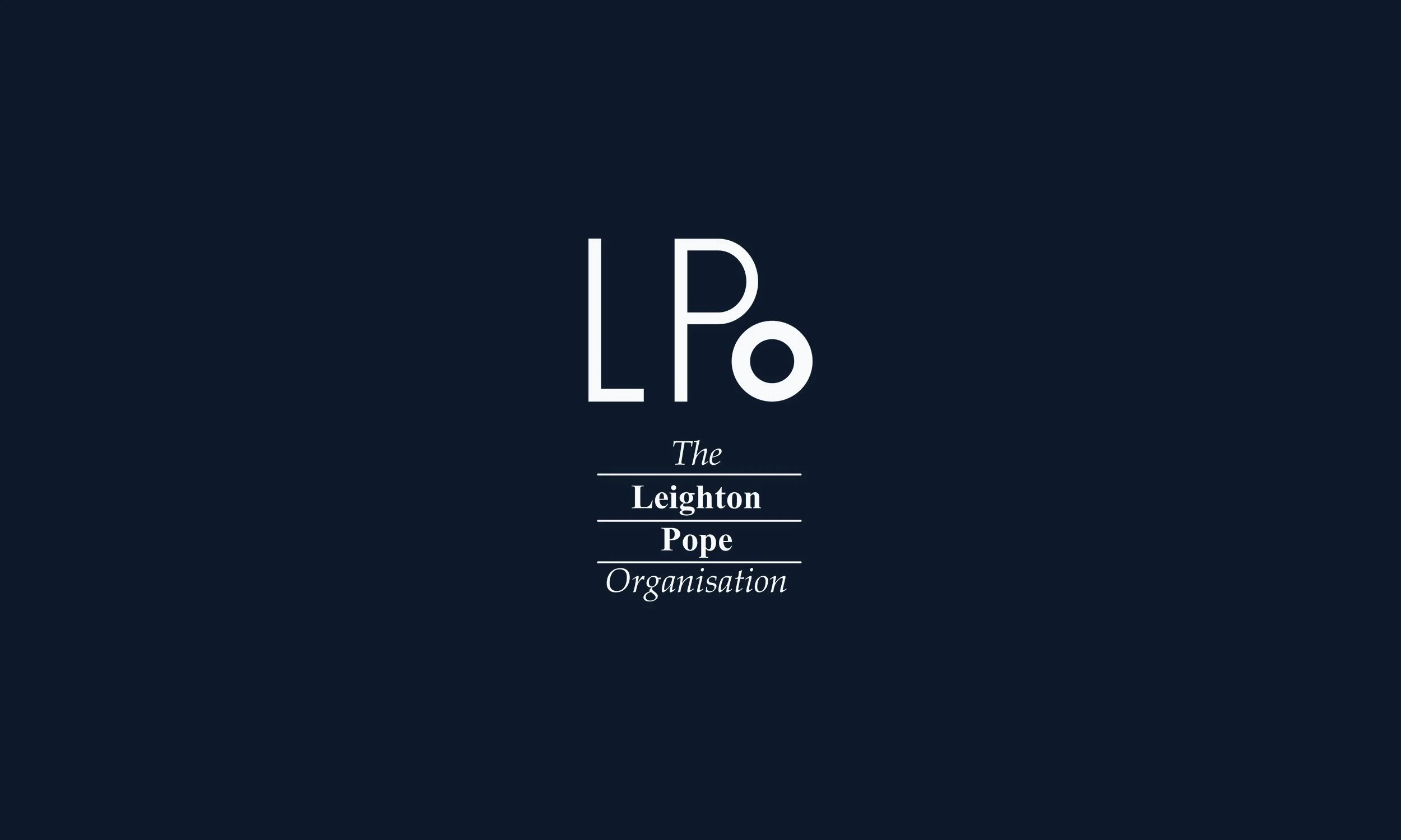 Title slide with the text 'LPo' and 'The Leighton Pope Organisation' on a dark blue background.