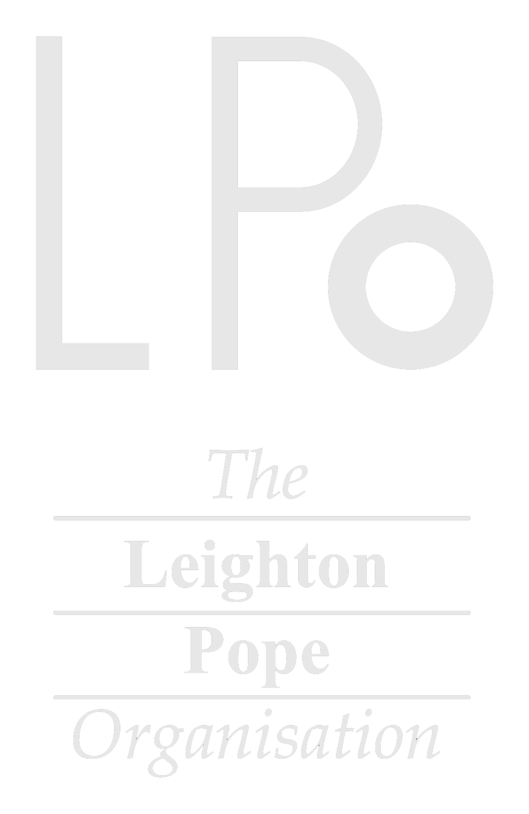 Black background with large gray letters spelling "LEO" at the top, followed by smaller white text "The Leighton Pope Organisation" separated by horizontal lines.