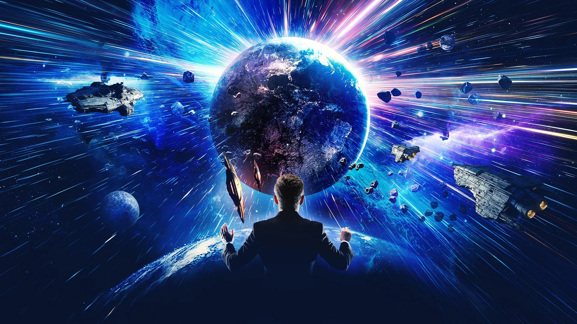 A person standing with arms raised in front of a space scene with Earth, stars, asteroids, and spaceships, with bright streaks of light radiating outward.