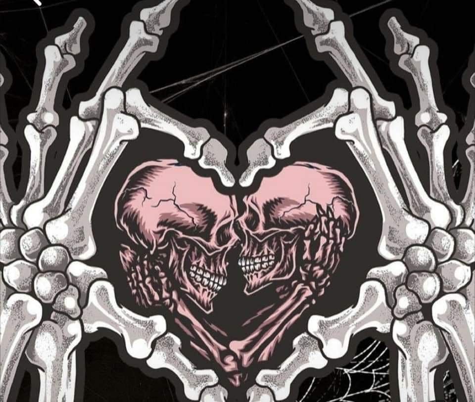 Skeleton hands forming a heart shape around two skulls intertwined, against a dark background with spider webs.