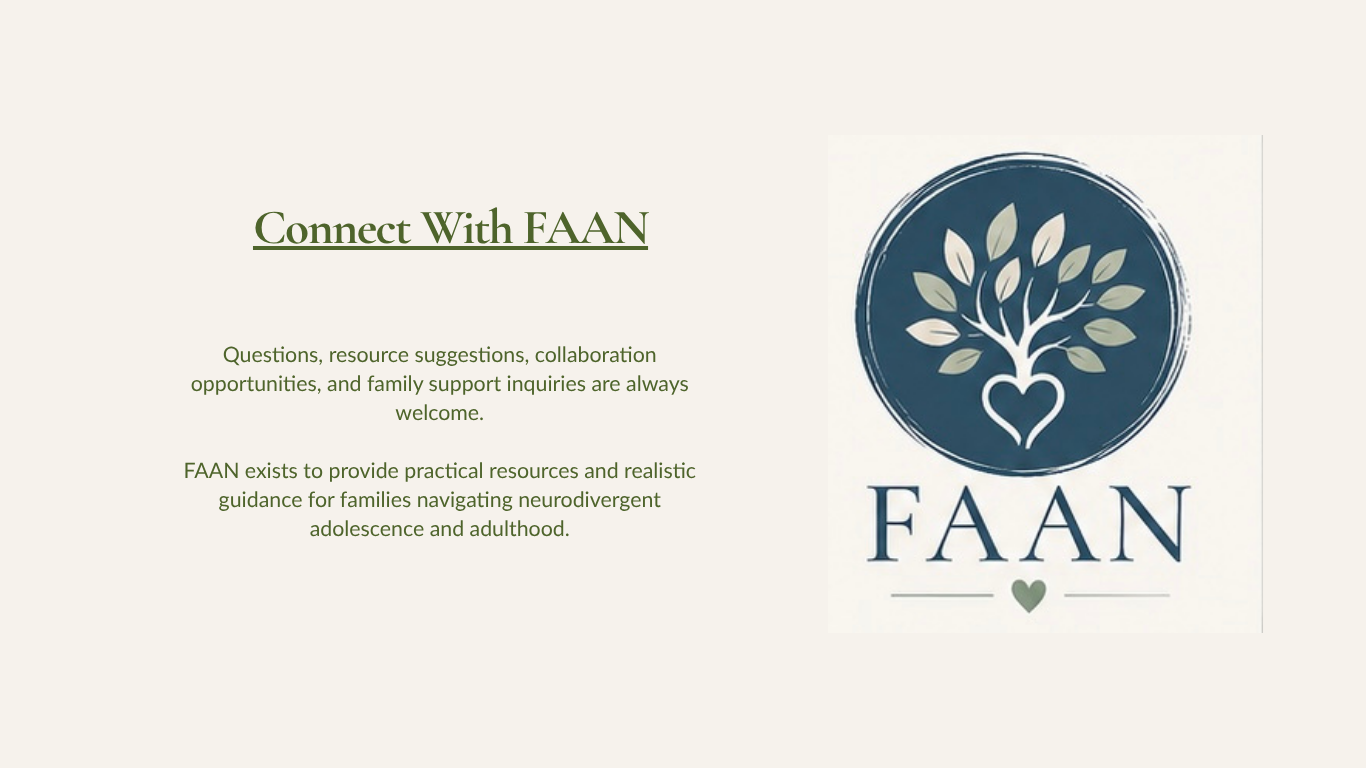 A section of a webpage titled 'Connect With FAAN' with text about resource support for families and a logo featuring a tree with a heart-shaped trunk, the word 'FAAN' beneath, and a small heart below the logo.