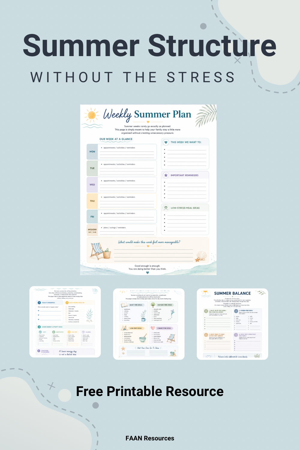 Poster promoting summer organization with a weekly plan, reminders, meal ideas, and balance tips, labeled 'Free Printable Resource' by FAAN Resources.