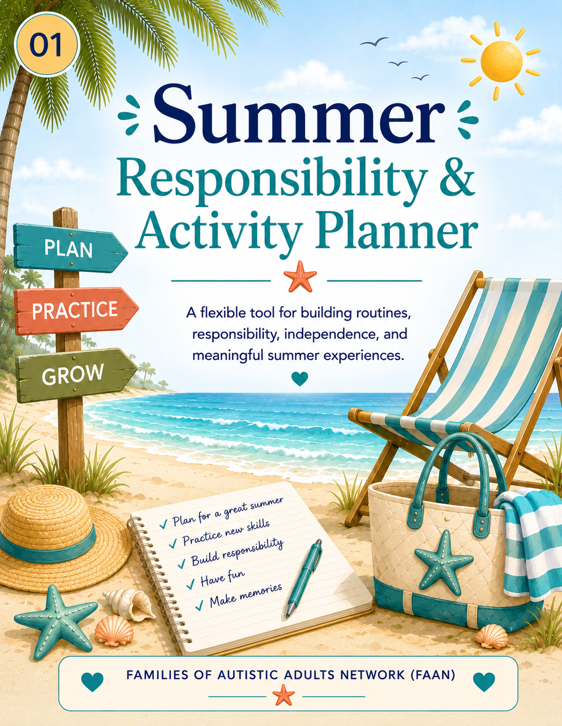 A beach scene with palm trees, a lounge chair, a bag, seashells, and a notebook with a summer activity plan. Text promotes summer responsibility and activity planning for families of autistic adults.