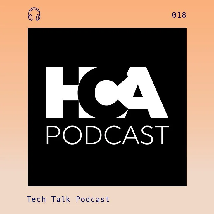Logo for HCA Podcast, a tech talk podcast, with black background and white text. Headphones icon in top left corner.