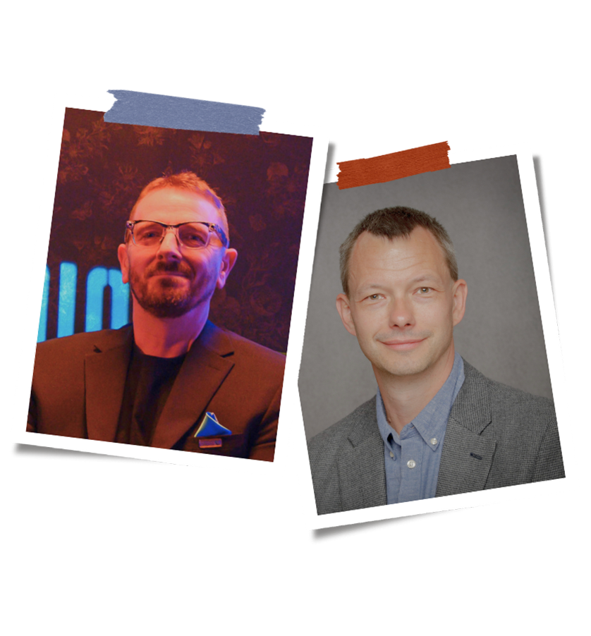 Two Polaroid-style photos of men, taped together with colored tape, one in a dark setting with glasses and a blazer, the other in a gray background with a blazer over a button-up shirt.