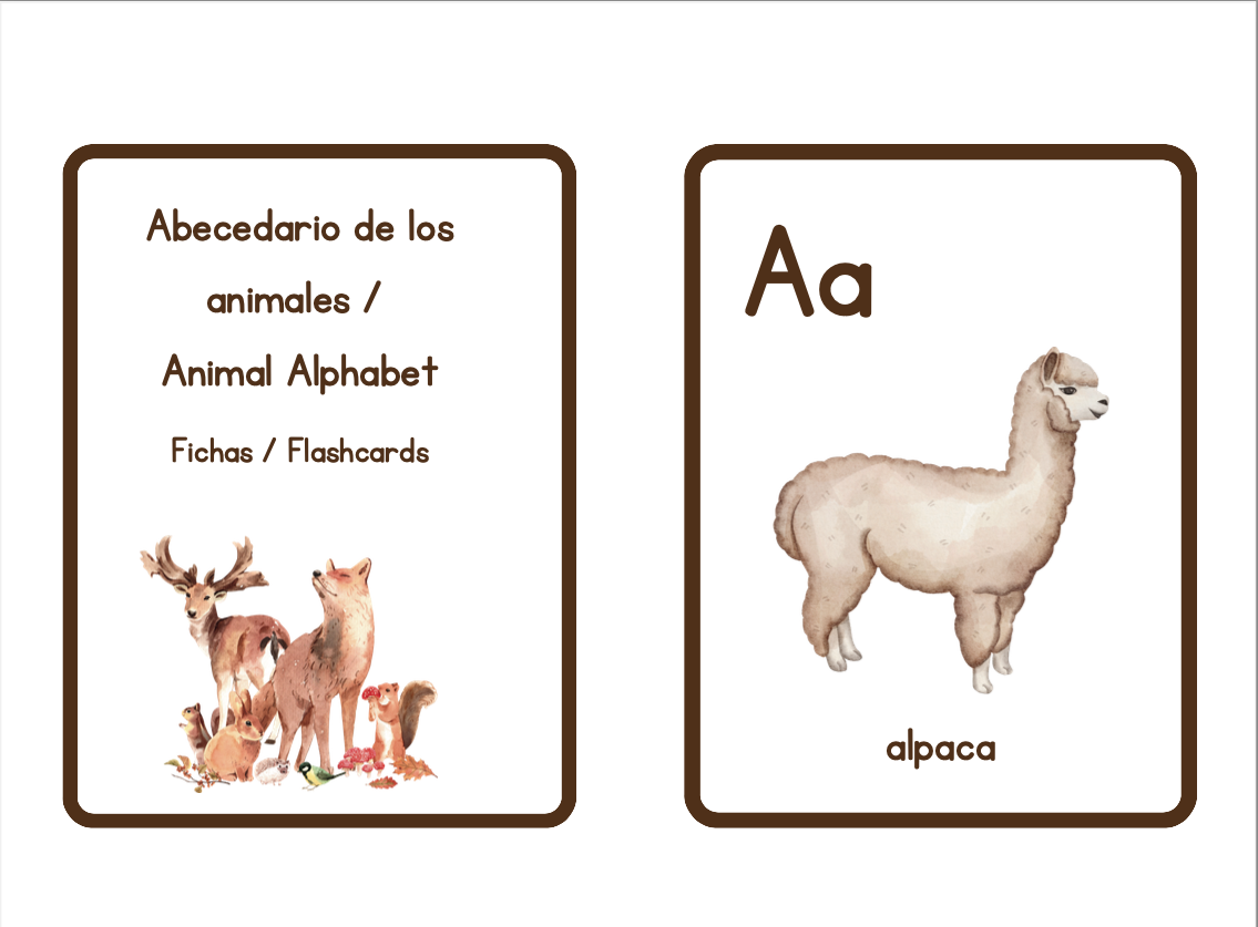LARGE Bilingual Spanish English Phonics Animal Alphabet Flashcards, Initial Sounds