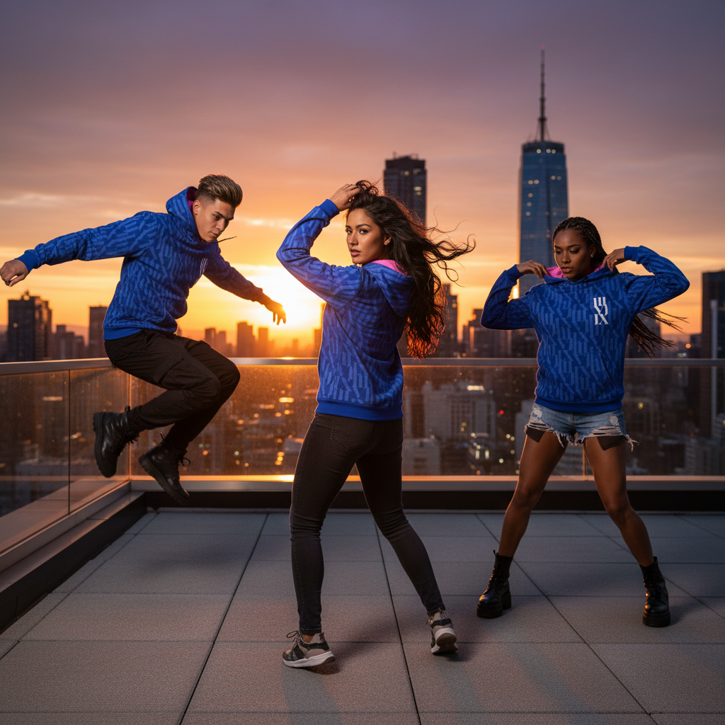 Three young people on a rooftop during sunset: a man jumping, a woman with long hair posing, and another woman with braided hair flexing her arms, all wearing ONE RSN | IIIVIIX branded blue hoodies. https://www.onersn.com/