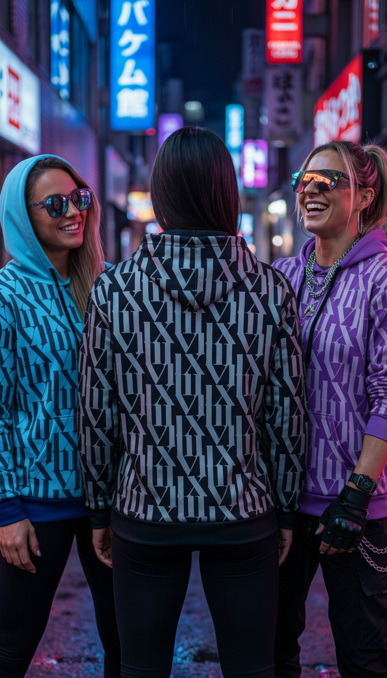 Three women in colorful ONE RSN Branded hoodies with geometric patterns, wearing sunglasses, smiling and talking in a vibrant city street illuminated by neon signs at night. https://www.onersn.com/