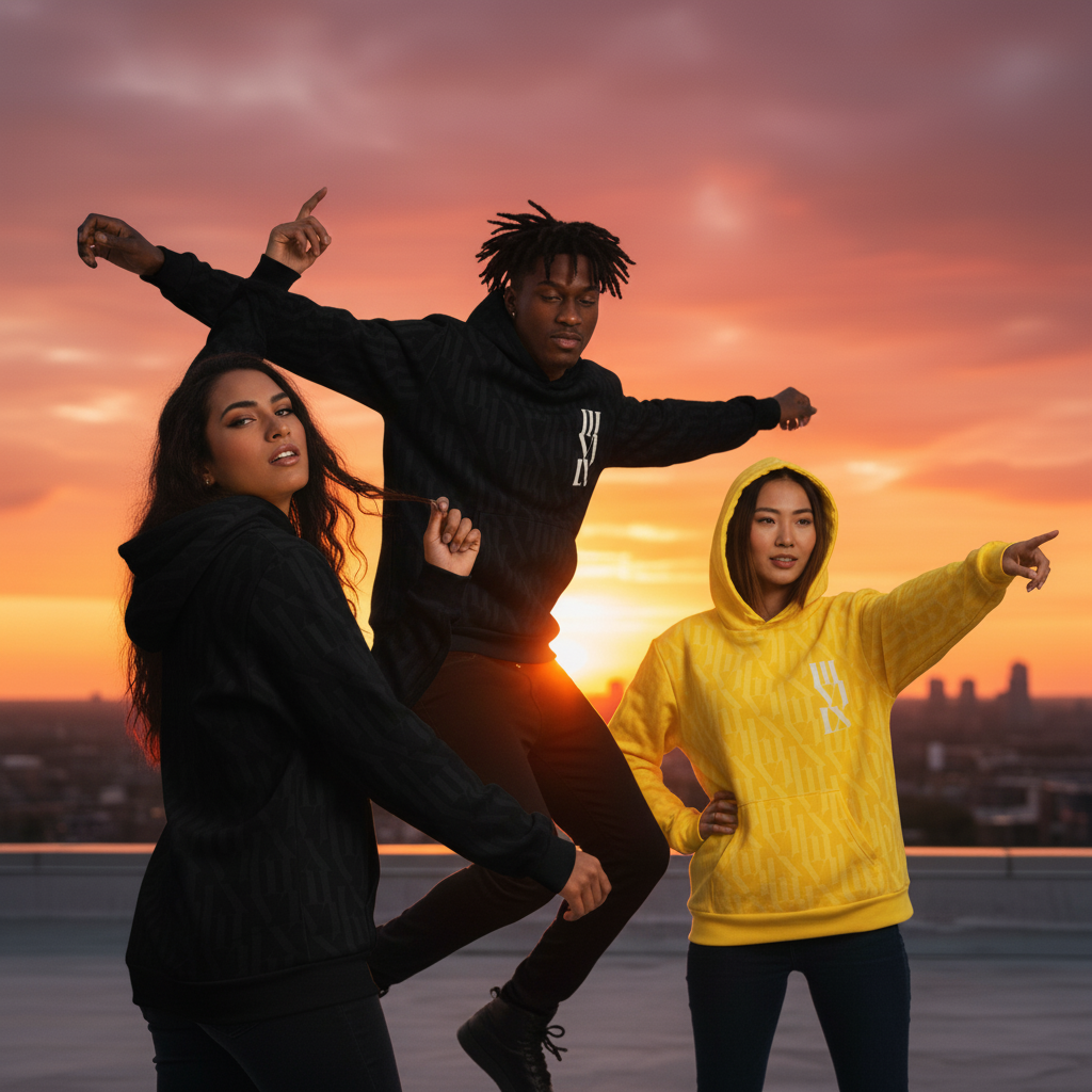 Three models on a roof with a skyline in the background. One woman wears a ONE RSN | IIIV black hoodie, another woman wears a yellow hoodie, and a man wears a black hoodie. The man jumps with arms outstretched. https://www.onersn.com/