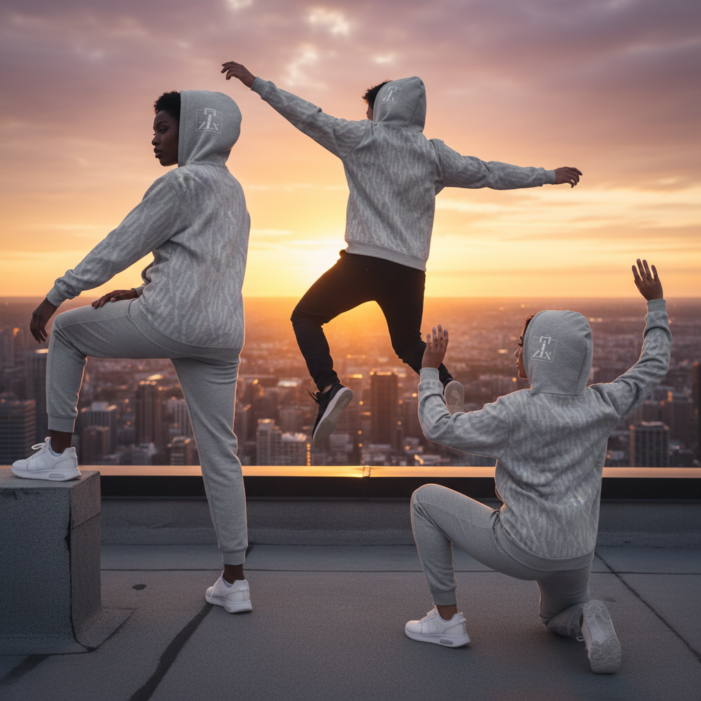 Three people in matching gray ONE RSN Branded hoodies and sweatpants on a rooftop during sunset, posing dynamically with city skyline in the background. https://www.onersn.com/