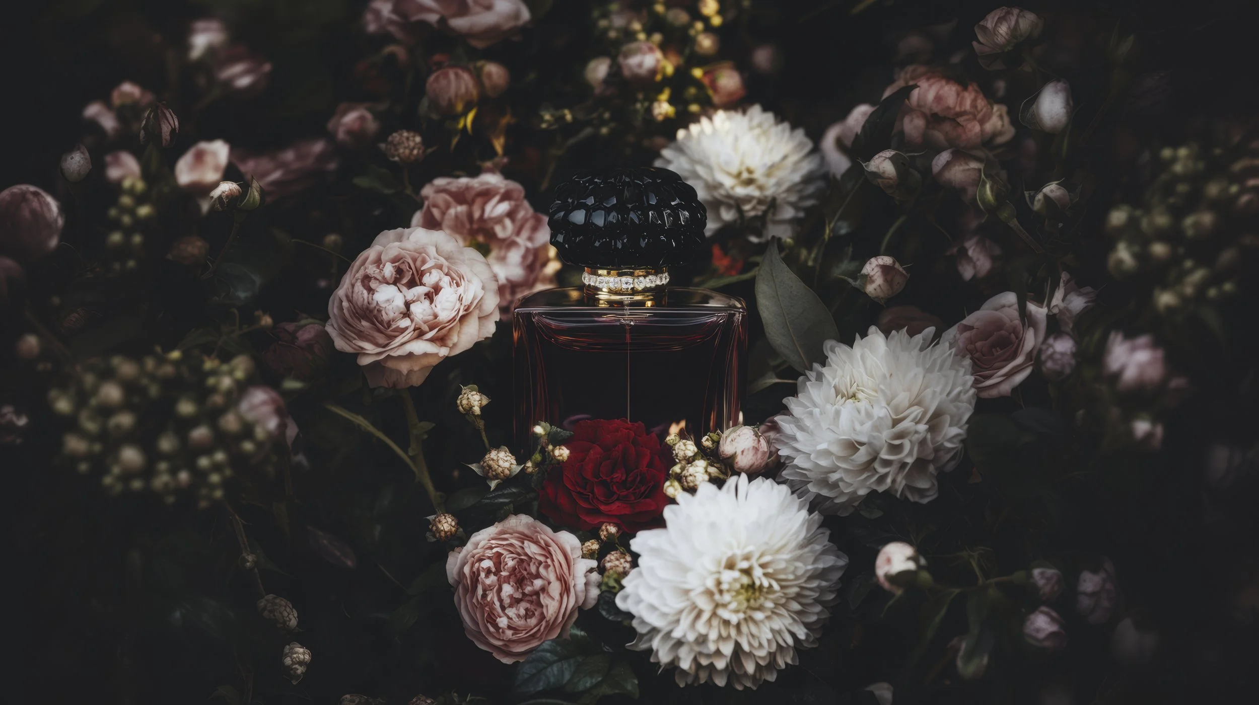 A dark background filled with various pink, white, and red flowers surrounding a perfume bottle with a black textured cap and gold details.