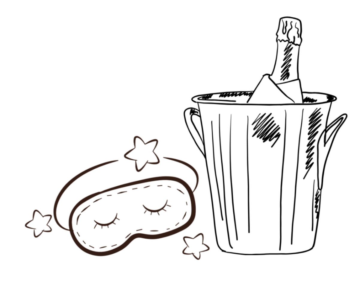 Black line drawing of a sleep mask with closed eyes, adorned with three stars, for a bedtime or sleep theme.