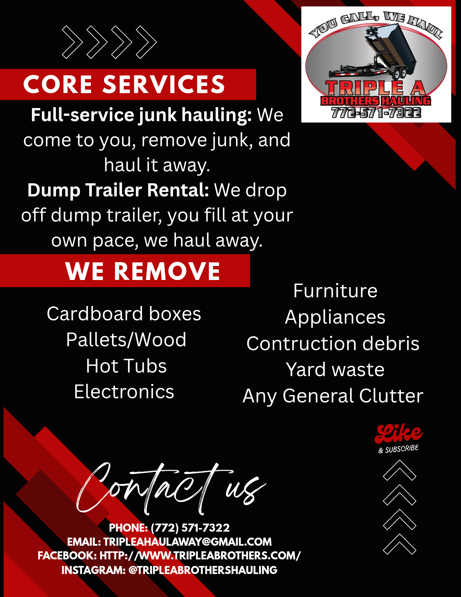 Business flyer for Triple A Brothers Hauling offering junk removal and trailer rental services, with contact information and list of items they remove, such as cardboard boxes, pallets, hot tubs, electronics, furniture, appliances, construction debris, yard waste, and general clutter.