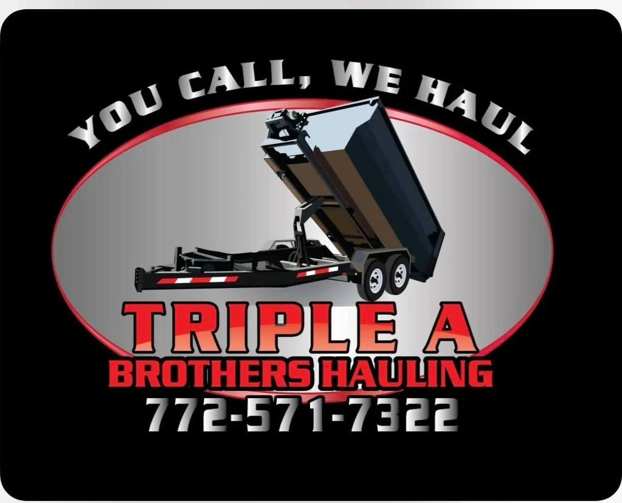 Logo for Triple A Brothers Hauling featuring a black dump trailer with red and white reflective markings and the company's contact number, 772-571-7322.