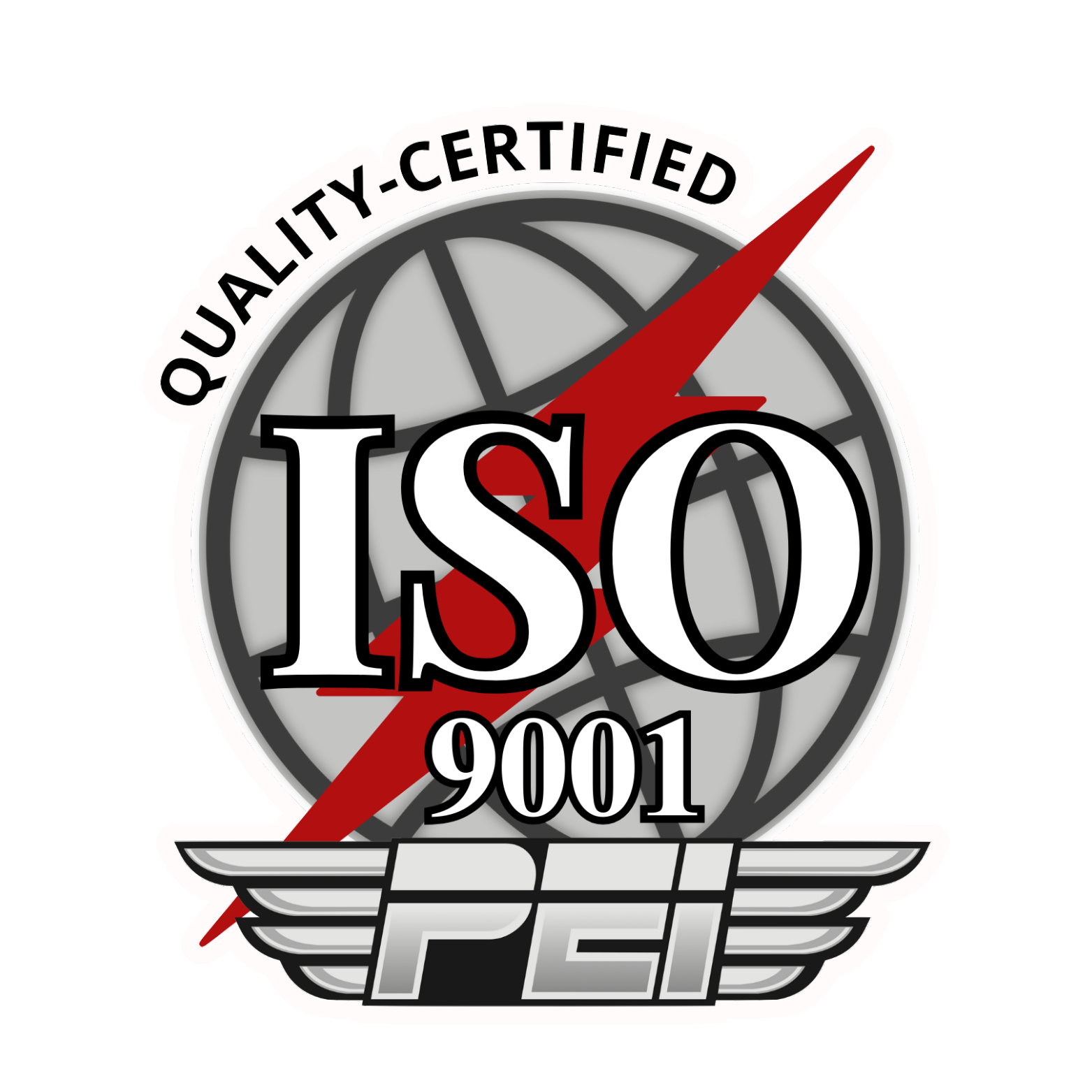 ISO 9001 certification badge with a globe, a red lightning bolt, and wings with the word PEI.