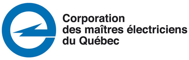 Logo of the Corporation des maîtres électriciens du Québec, featuring a blue circular symbol with a lightning bolt, and the organization's name in French next to it.