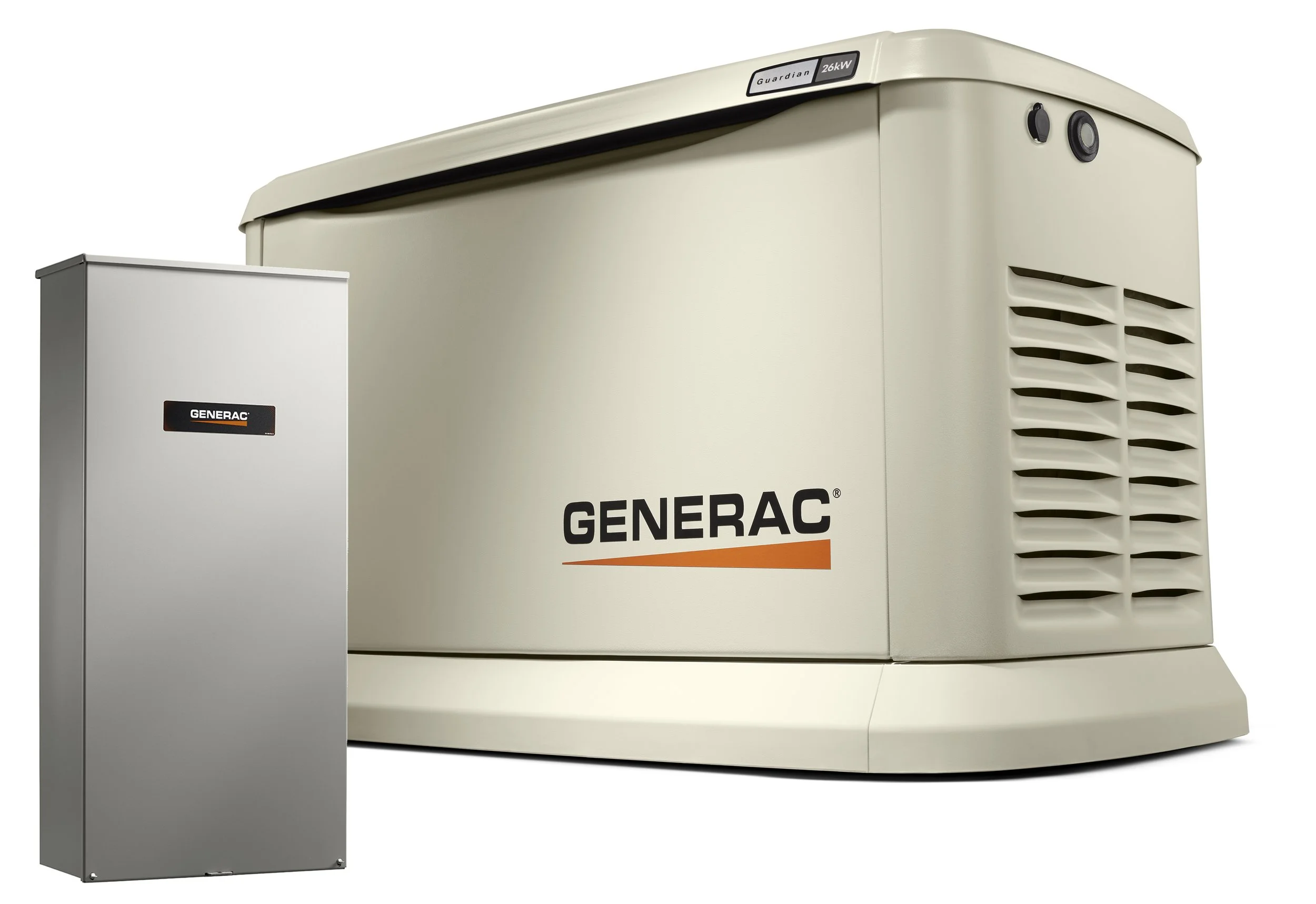 A large Generac automatic backup generator with a smaller Generac control panel mounted nearby, both in gray color.