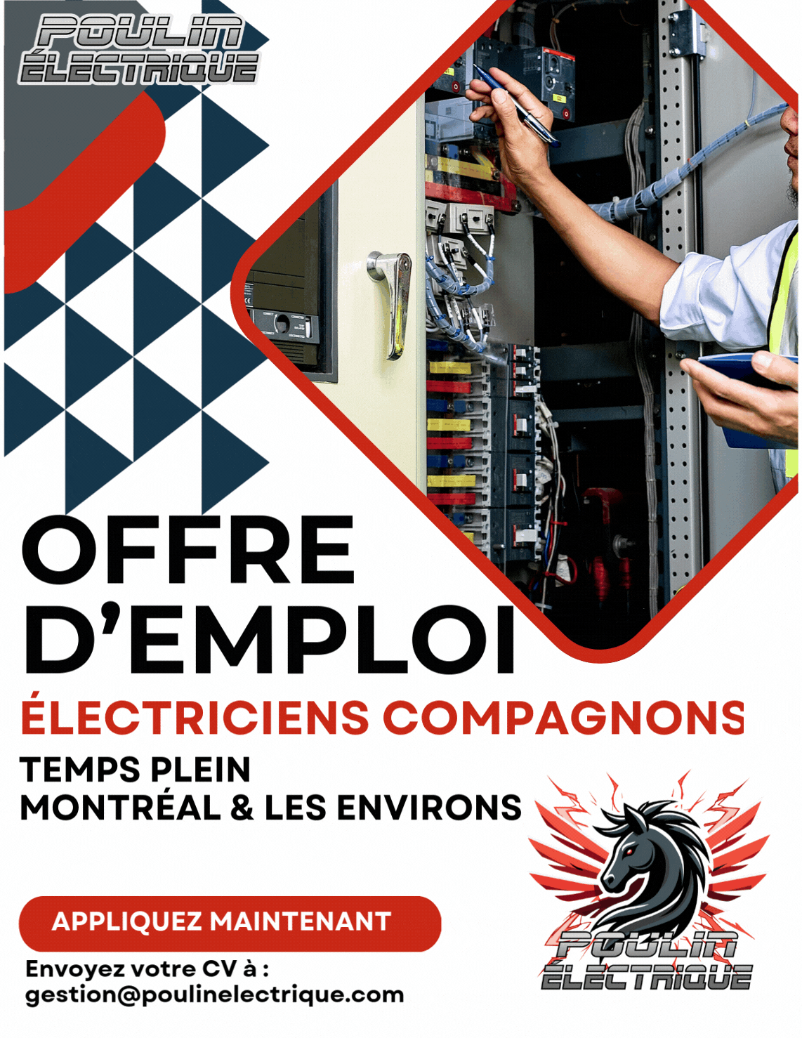 A recruitment flyer for electrical technicians in Montreal, featuring a person working on an electrical panel, with text in French and a logo of a black horse with lightning bolts.