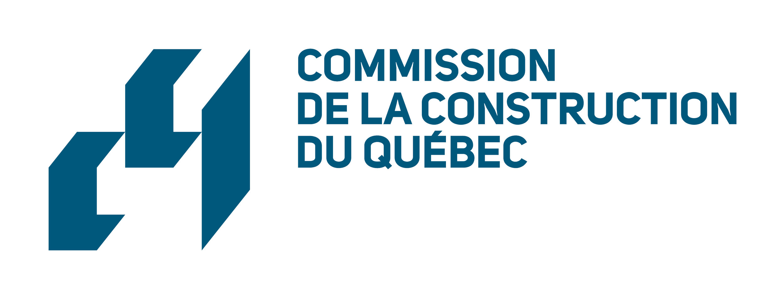 Logo of the Quebec Construction Commission featuring stylized blue geometric shapes and the organization's name in both English and French.