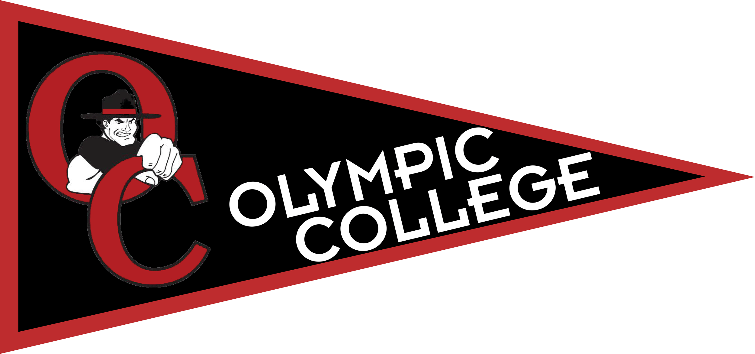 A pennant displaying the logo of the Olympic College with a cartoon character pointing forward.