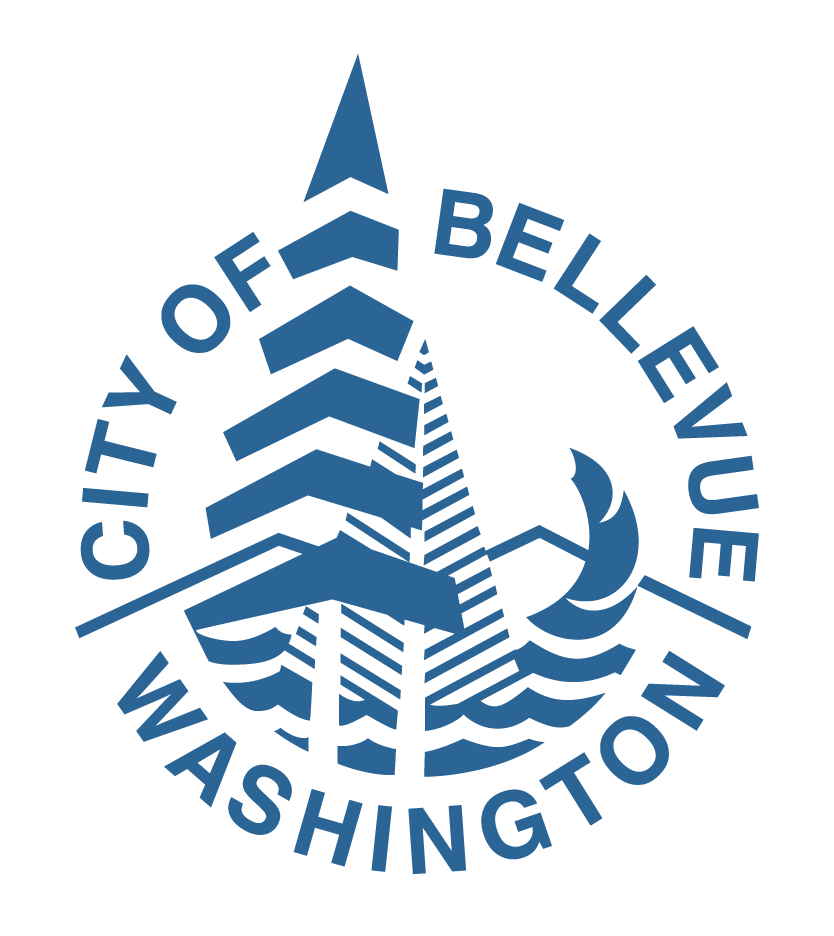 Logo of the City of Bellevue, Washington, featuring stylized trees, water waves, and a crescent moon.