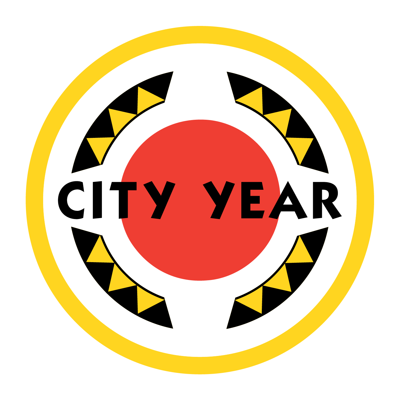 A circular logo with yellow, white, and red colors that reads 'City Year' in black text inside a red circle, with a design resembling a face and geometric shapes around it.