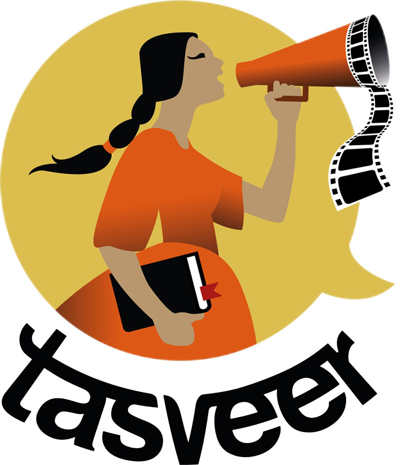 Illustration of a woman with a ponytail holding a book and using a megaphone, with a film strip coming out of the megaphone, and the word 'hastv.org' in bold black text below.
