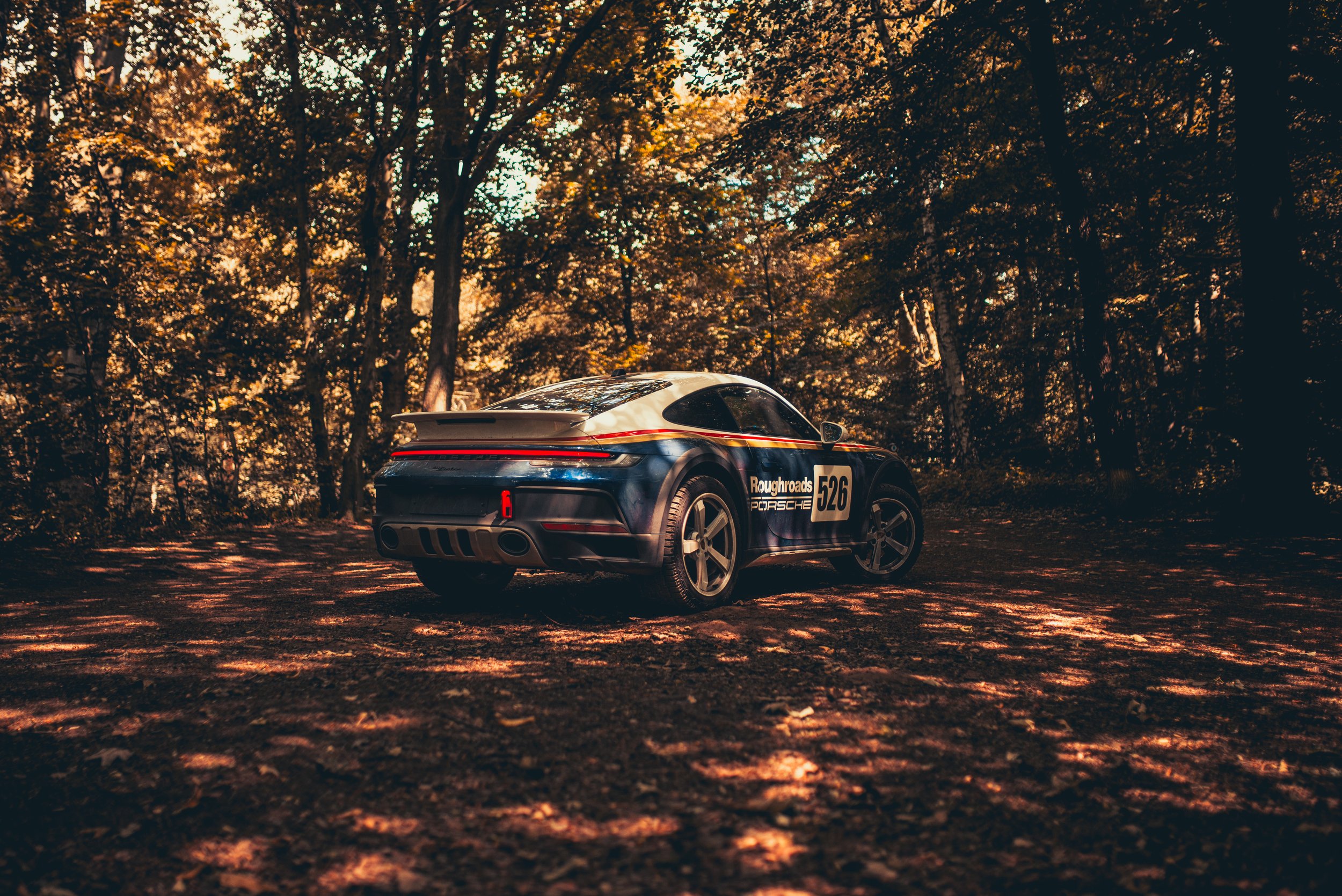 A sports car with rally markings parked in a forest with tall trees and fallen leaves, sunlight filtering through the trees.