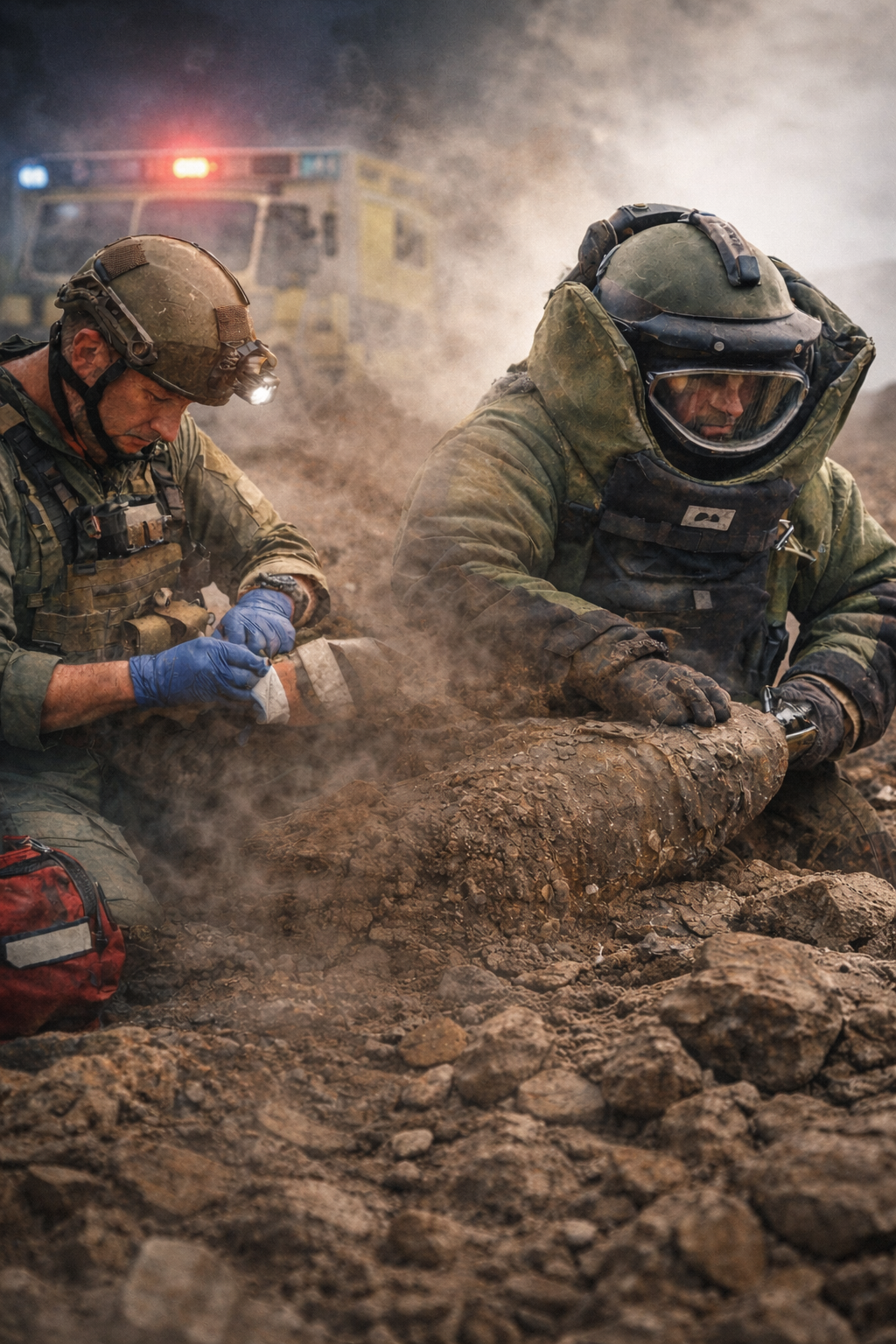Two soldiers wearing military gear and helmets working on an injured person and IED on battleground, with a ambulance in the background.