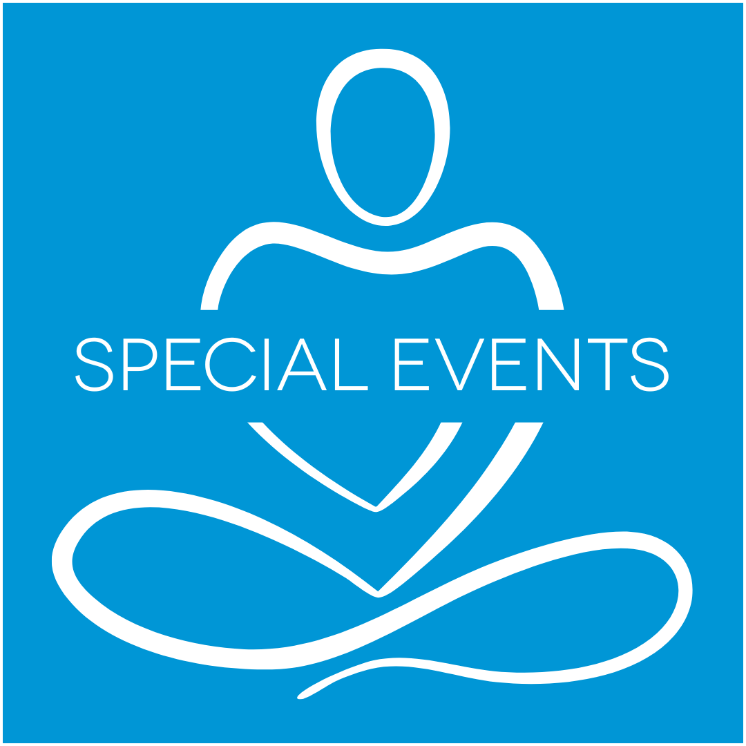 Blue sign with white line drawing of a person sitting cross-legged and holding a heart, with the text 'Special Events'.