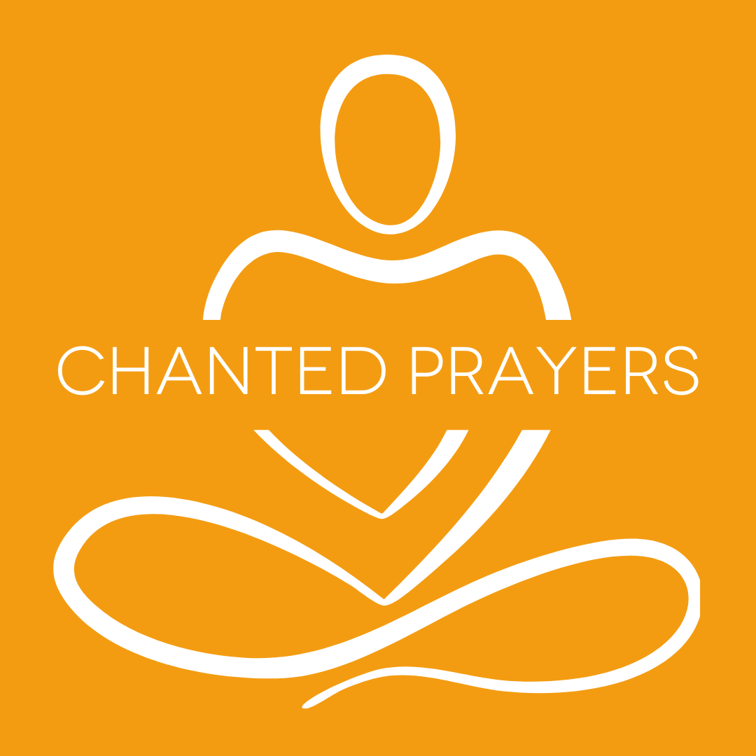 Outline drawing of a person sitting in a meditative pose with a heart shape in front, on an orange background, with the text 'Chanted Prayers' in the middle.