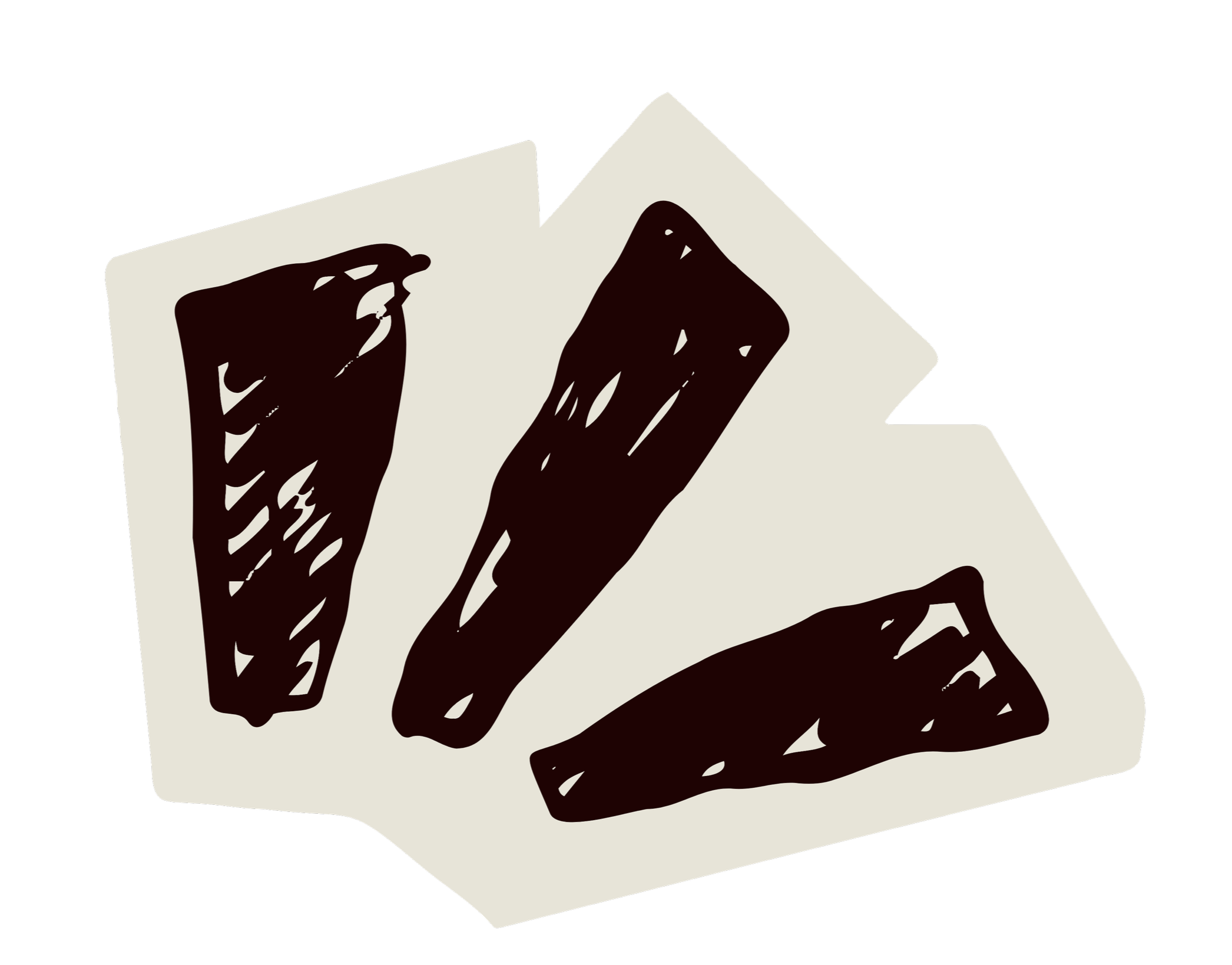 Black and white drawing of three potato chips on pieces of paper or napkins.
